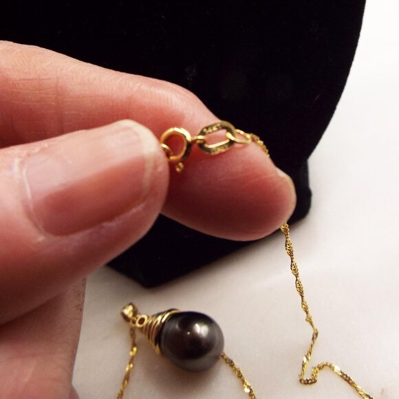 TAHITIAN 10 MM BLACK PEARL TEARDROP 14K GOLD CHAIN & SETTING NECKLACE 16 - Picture 4 of 4